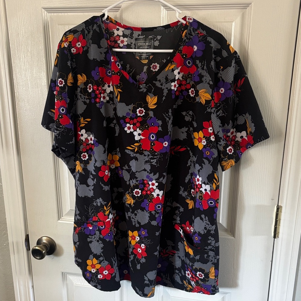 Cherokee Floral Scrub Top with Purple and Red Accents